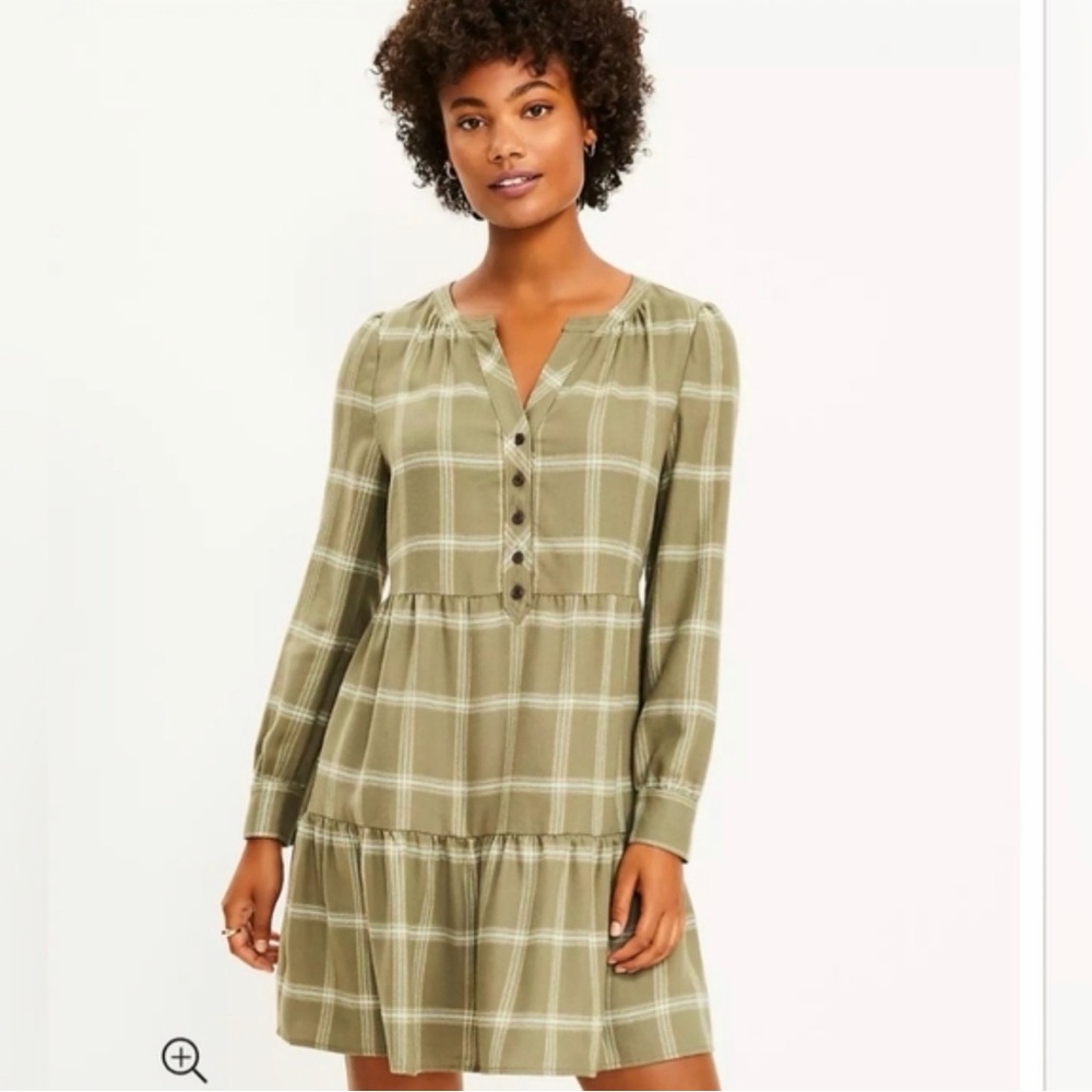 Loft green plaid tiered shirt dress size large